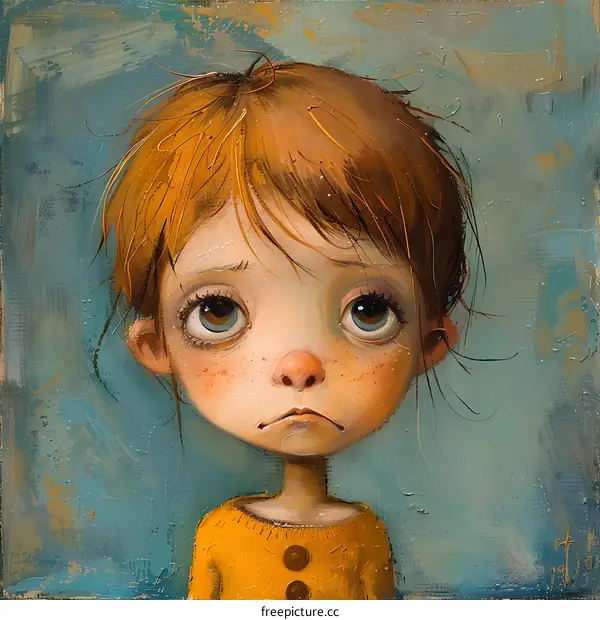 Portrait of a Sad Girl with Big Eyes and Freckles