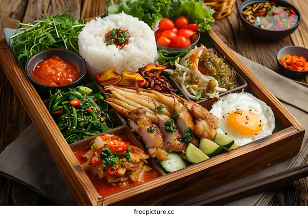 Delicious Asian Food Served in a Wooden Box