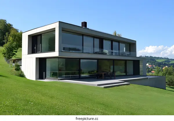 Modern Concrete House with Large Windows and Green Lawn