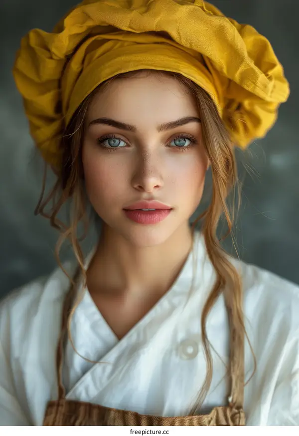 portrait of a beautiful young woman chef wearing a yellow toque
