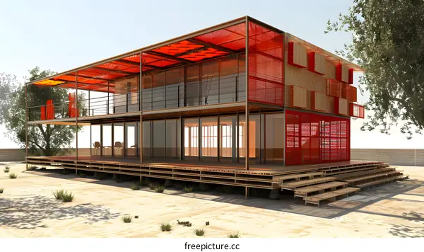 Modern Two Story House Design With Red Accents