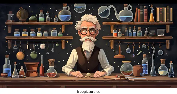 Old Man Alchemist in His Laboratory with Bottles