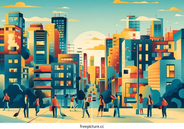 Colorful Cityscape with People Walking on a Street