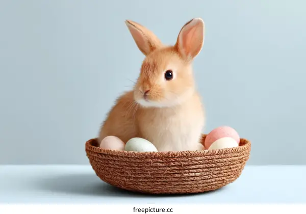 Cute Baby Easter Bunny in a Basket with Eggs