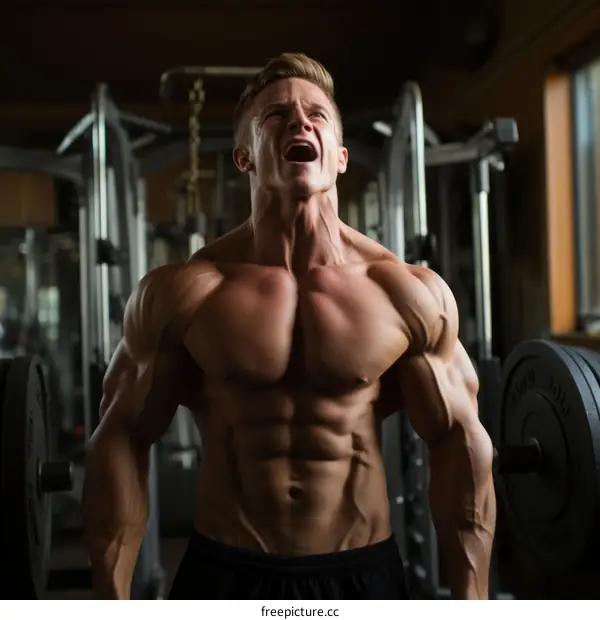muscular man screaming while lifting weights in a gym