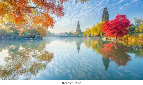 Autumnal Reflection on a Serene Pond Landscape