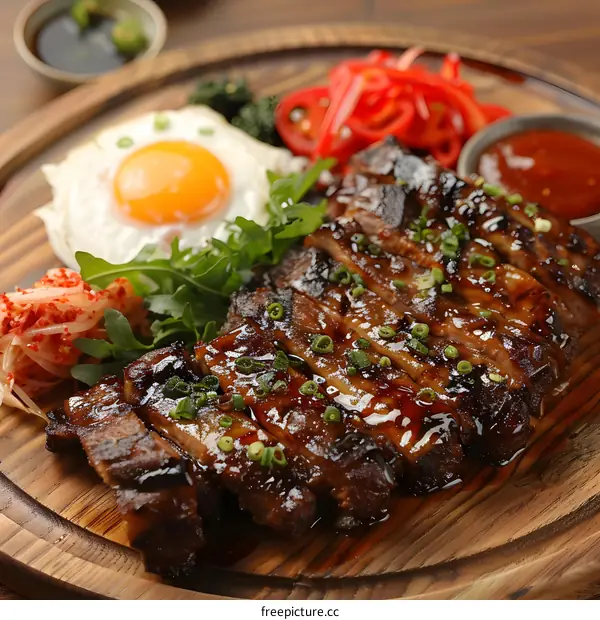 korean bbq pork ribs with egg and kimchi