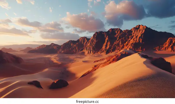 Desert Landscape with Red Mountains at Sunset