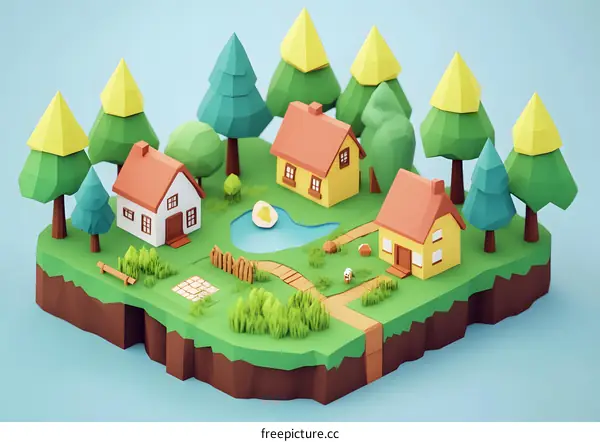 Low Poly Village Illustration with Houses and Trees