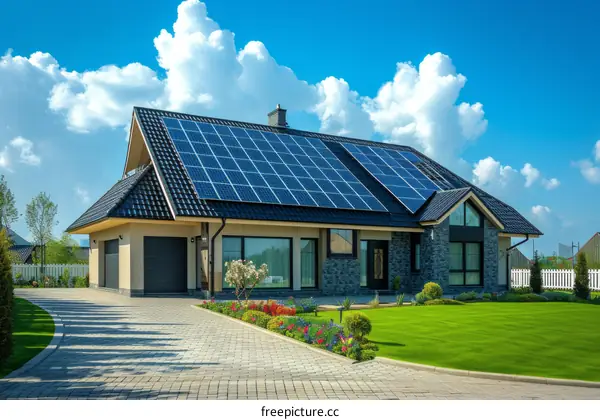 Modern house with solar panels on the roof