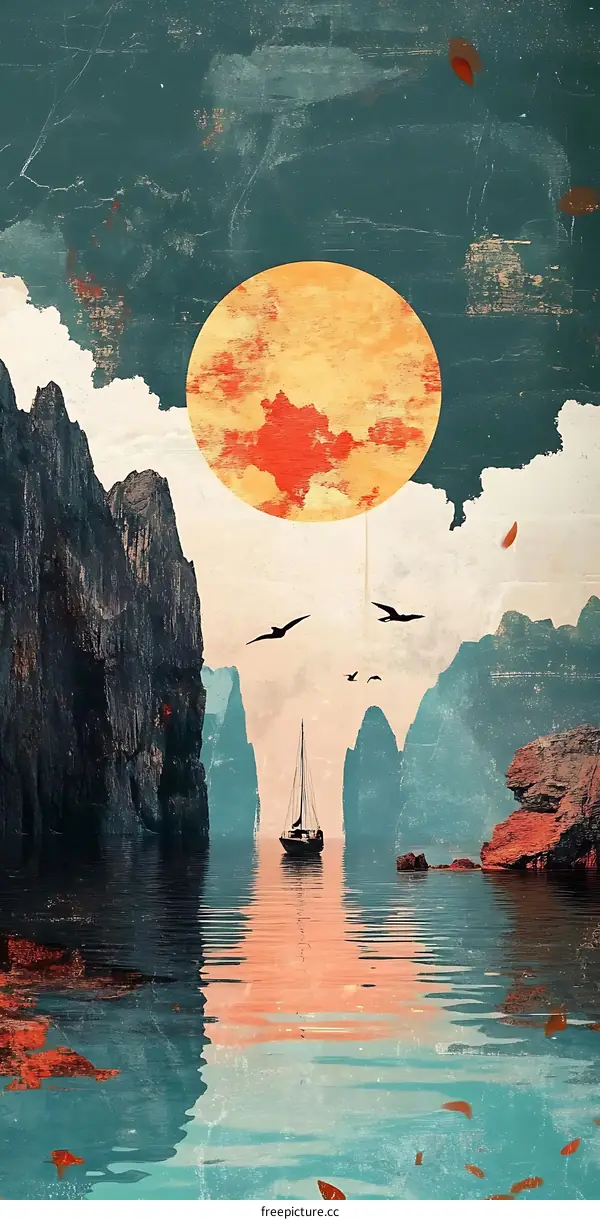 Abstract Landscape Art with a Sailboat Underneath a Large Orange Sun