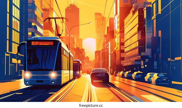 Cityscape with Tram and Cars at Sunset