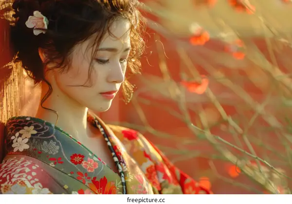 Portrait of a beautiful Asian woman in traditional Japanese kimono