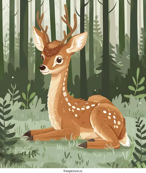 Cute Baby Deer in Forest Illustration
