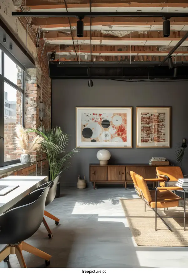 Industrial Office Interior with Brick Wall, Large Windows, and Wooden Furniture