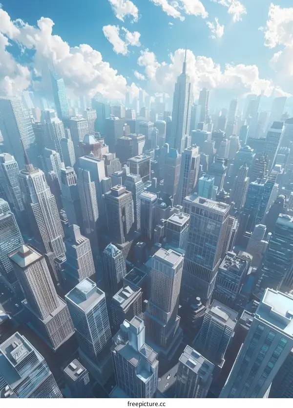 An aerial view of a large city with many skyscrapers