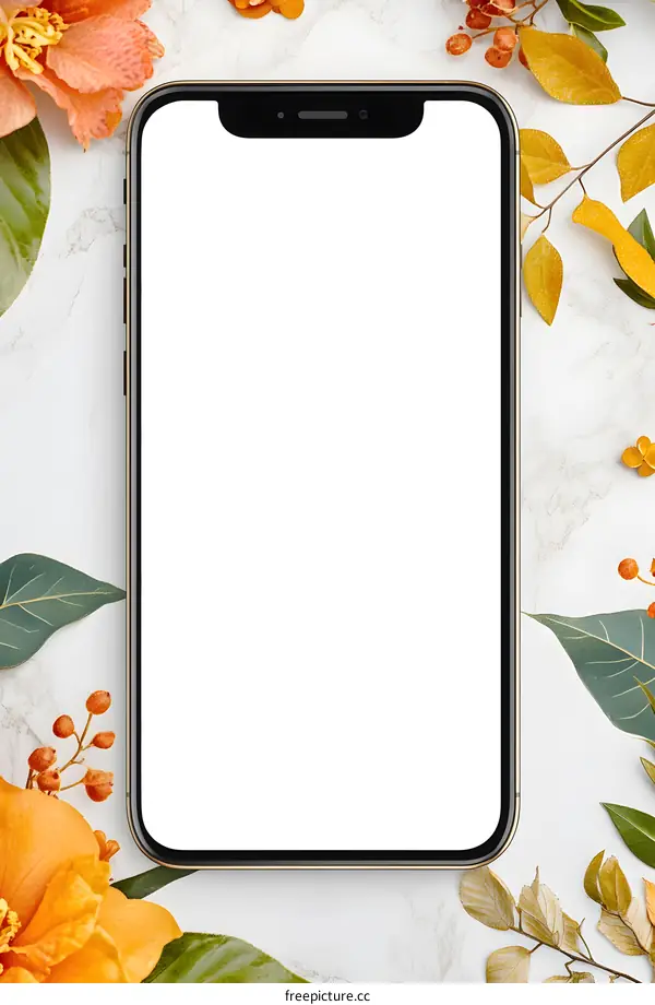 Blank Phone Screen With Orange Flowers and Green Leaves Mockup