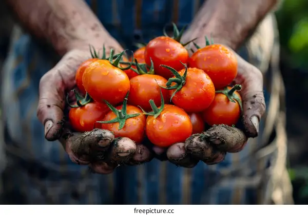 farmer's hands holding a handful of ripe tomatoes