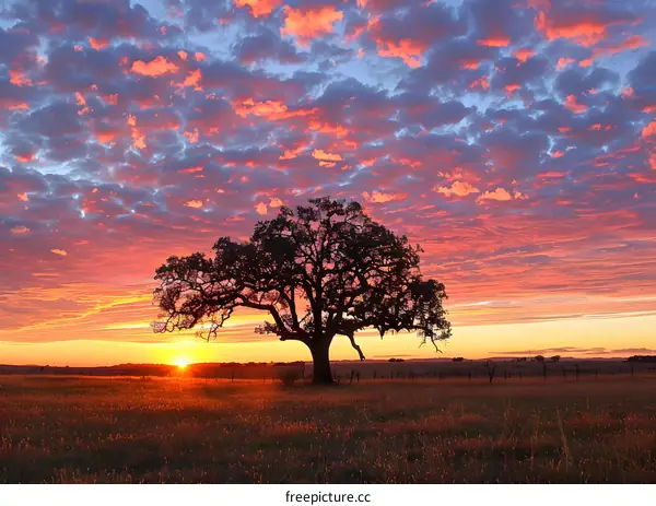 Lonely Tree in Field at Sunset