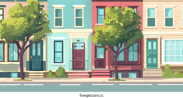 Cartoon Illustration of Colorful Row Houses in a Neighborhood