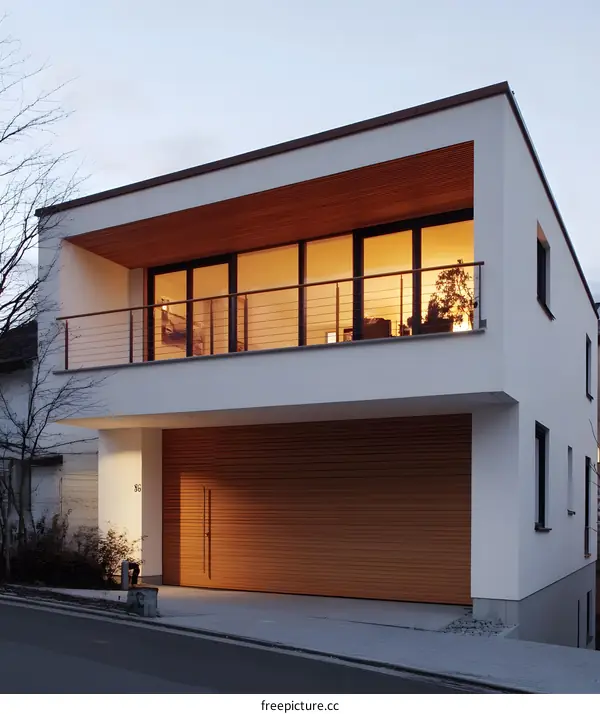 Modern White House with Wooden Garage Door and Balcony