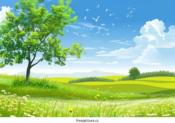 Summer Meadow with Green Trees and Blue Sky