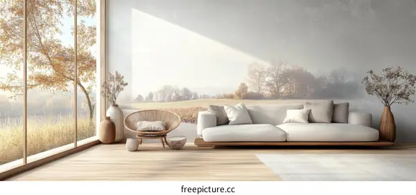 Modern Minimalist Living Room with Autumn Landscape