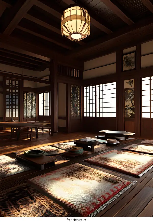 Traditional Japanese Home Interior Design with Wooden Floor and Tatami Mats