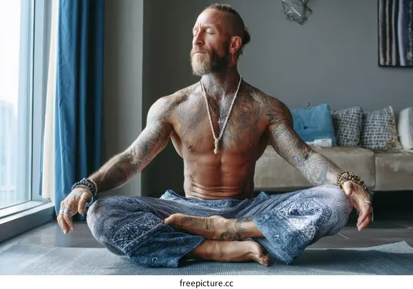 Man in Meditation Yoga Pose with Tattoos and Jewelry