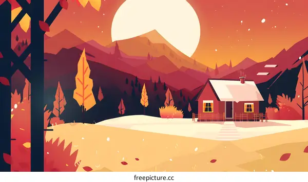 Red House with Snow on Roof in Mountain Landscape