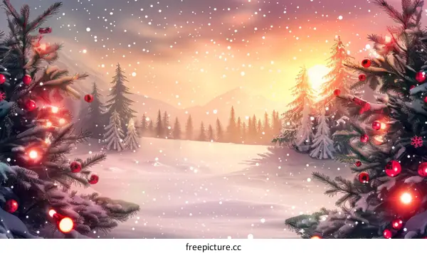 Christmas landscape with decorated fir trees and snow-covered mountains in the background