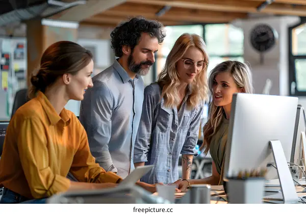 Group of Diverse Colleagues Working Together on a Project in a Modern Office