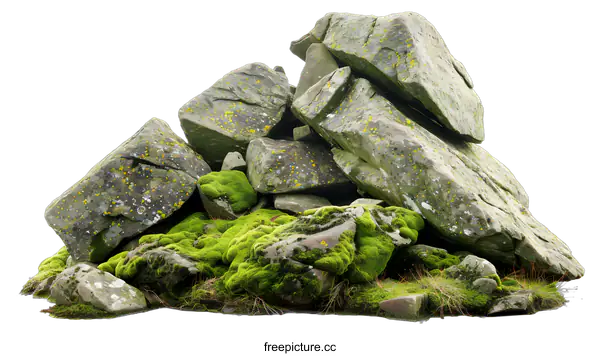 [Transparent Background PNG]Pile of Moss Covered Rocks on White Background