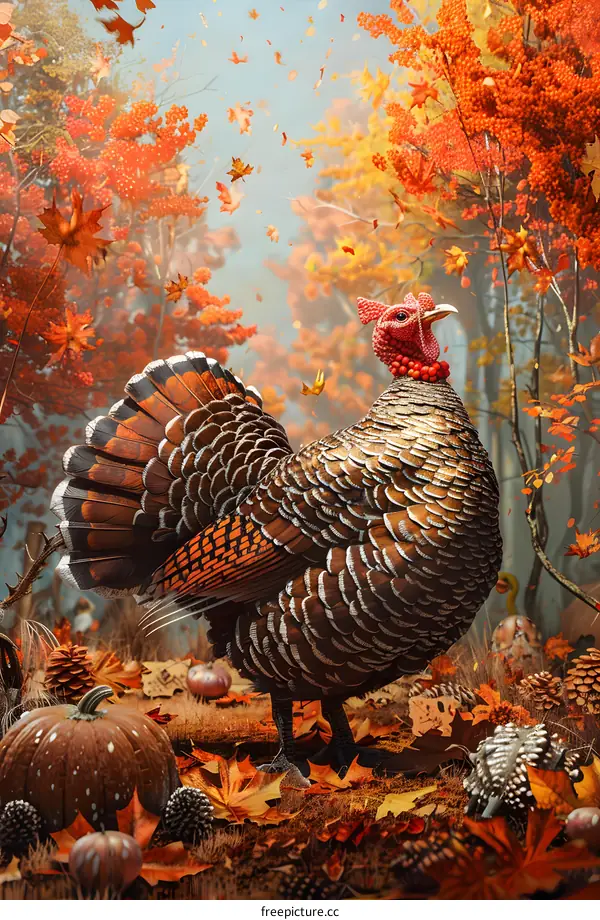A majestic turkey stands in a forest of red and orange leaves.