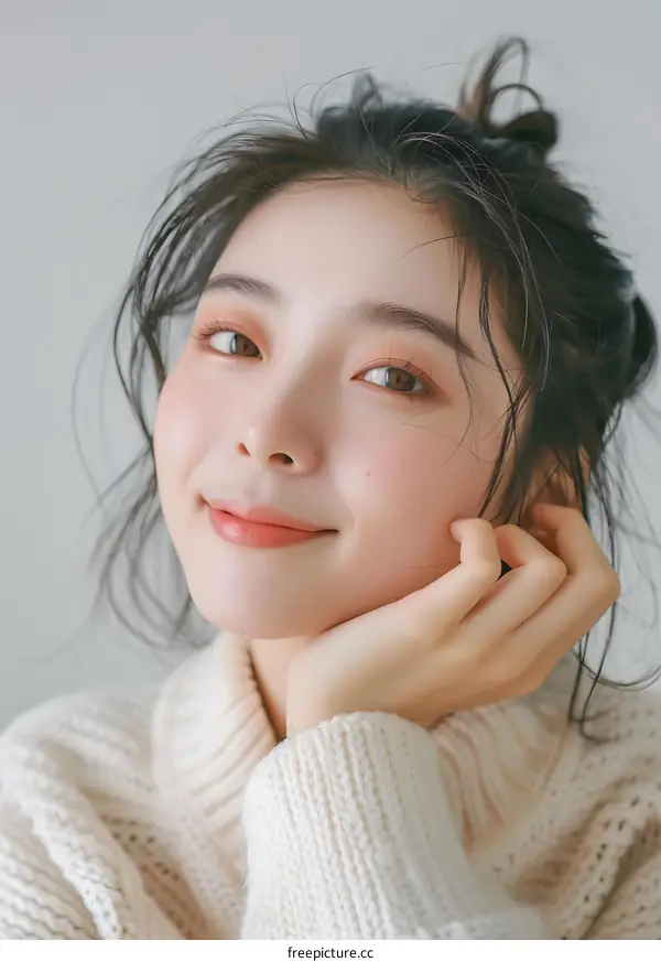 Portrait of a Smiling Young Asian Woman with Brown Eyes and Messy Hair Wearing a White Knit Sweater