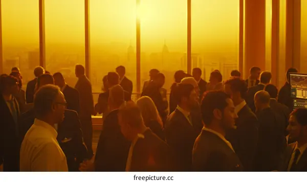 A group of business people are networking at a conference.