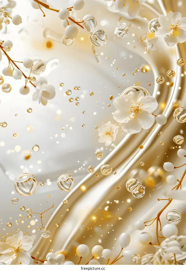 White Flowers with Golden Water Droplets