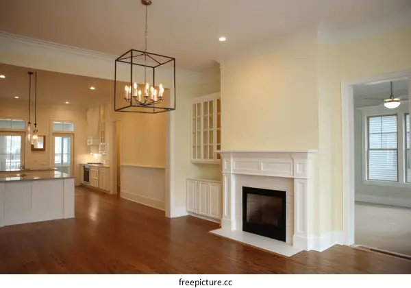 Modern Farmhouse Interior with Fireplace and Chandelier