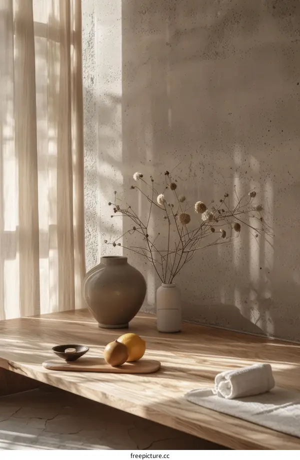 Dried Flower Still Life with Lemons on Wooden Table