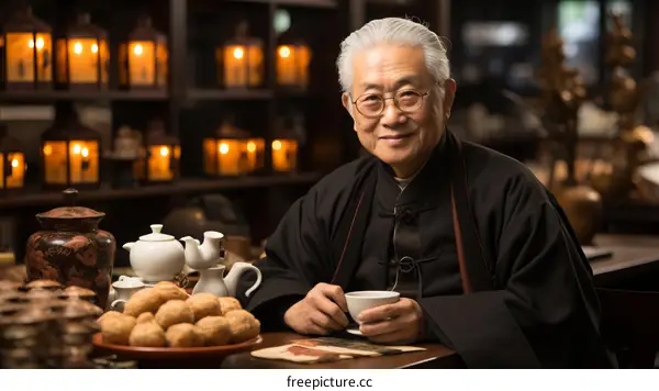 Portrait of a smiling elderly Asian man in traditional clothing holding a teacup.