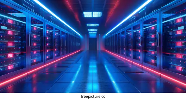 Futuristic Glowing Red and Blue Server Room