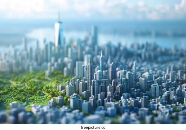 A miniature city featuring a park and several skyscrapers