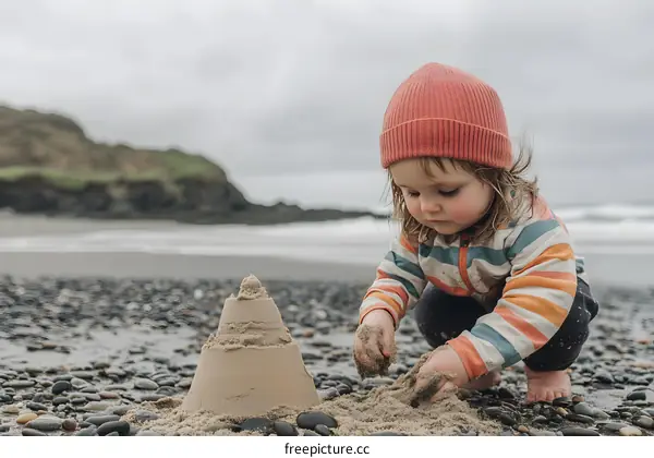 Child Building Sandcastle On Beach