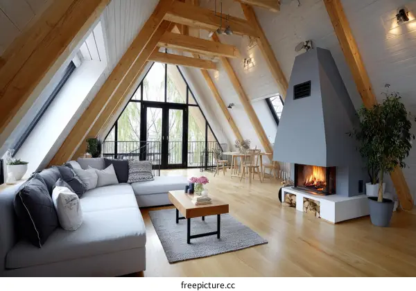 Cozy Attic Living Room with Wood Beams and Fireplace