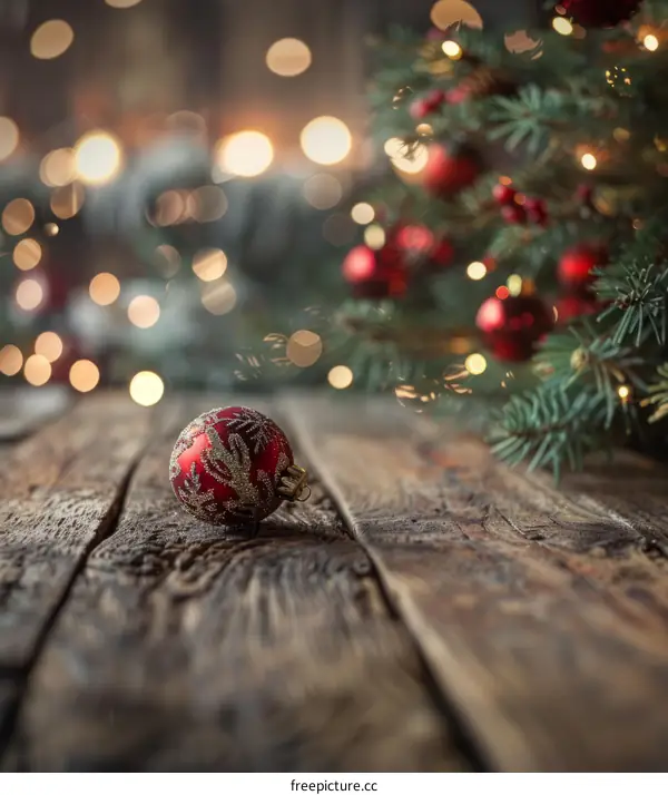 A red Christmas ball on a rustic wooden table