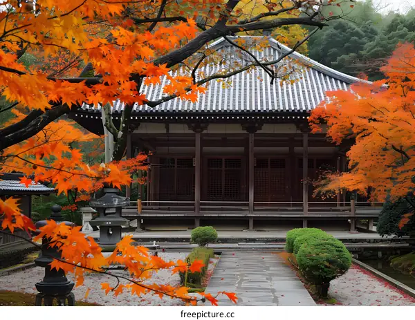 Japanese Temple Surrounded by Autumn Maple Leaves