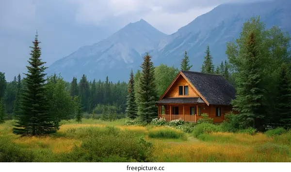 Wooden Cabin Amidst Mountains and Forest