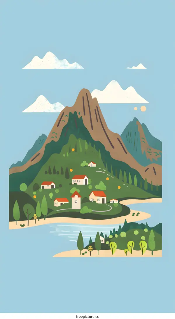 Flat Illustration of a Mountain Landscape with Houses, Trees, and a River