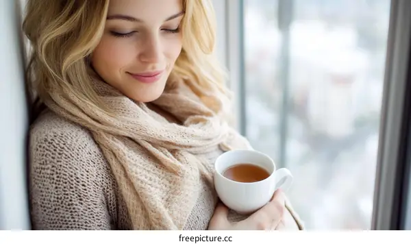 Pregnant Woman Relaxing by the Window with a Cup of Tea