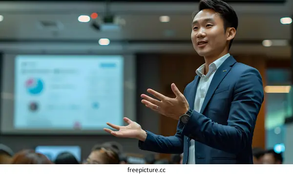 Asian Man in Suit Giving Presentation to Audience